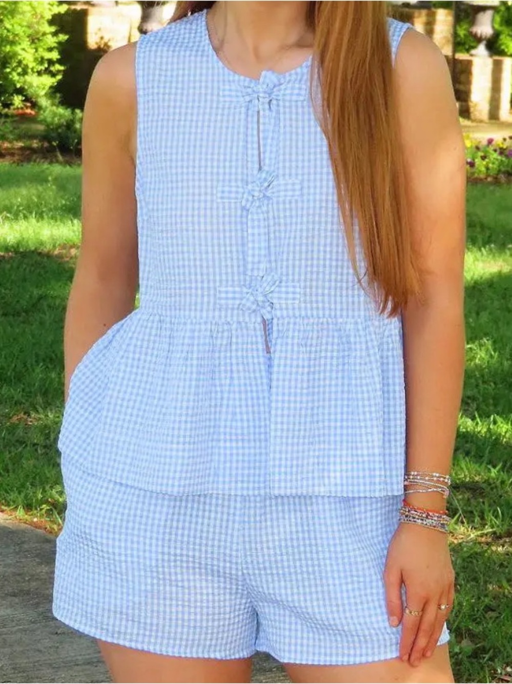NWOT - Sleeveless Light Blue Gingham Peplum Short Set - Women's Summer Short Set